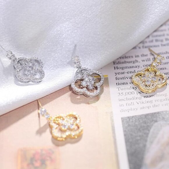 Women's 14K White Gold Plated Clover Cubic Zirconia Dainty Dangle Earrings - Picture 4 of 4